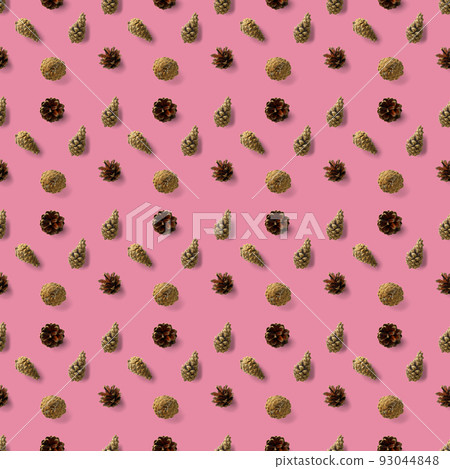seamless christmas pattern from Pine cones on pink background. modern pine cone christmas collage. Print for paper, fabric, wallpaper pinecones 93044848