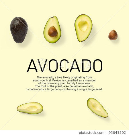 Modern creative avocado collage with simple text on solid color background. Avocado slices creative layout on yellow background. Flat lay, Food concept Modern creative avocado collage with simple text on solid color background. Avocado slices creative layout on yellow background. Flat lay, Food concept 93045202