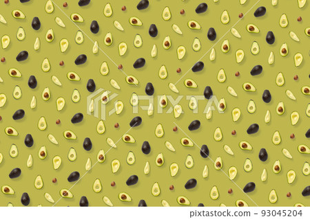 Avocado. Background made from isolated Avocado pieces on olive color background. Flat lay of fresh ripe avocados and avacado pieces. Avocado. Background made from isolated Avocado pieces on olive color background. Flat lay of fresh ripe avocados and avacado pieces. 93045204