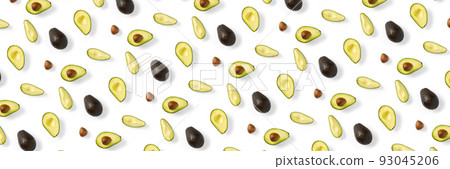 Avocado banner. Background made from isolated Avocado pieces on white background. Flat lay of fresh ripe avocados and avacado pieces. Avocado banner. Background made from isolated Avocado pieces on white background. Flat lay of fresh ripe avocados and avacado pieces. 93045206