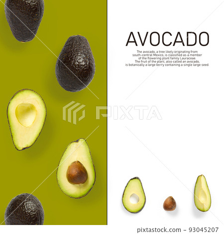 Modern creative avocado collage with simple text on solid color background. Avocado slices creative layout on olive background. Flat lay, Food concept Modern creative avocado collage with simple text on solid color background. Avocado slices creative layout on olive background. Flat lay, Food concept 93045207