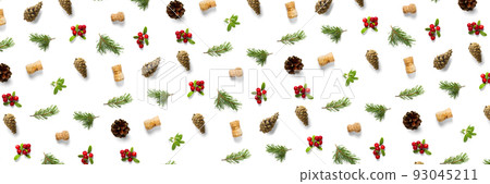 christmas background with pine cone, wine cork, pine twig and lingonberry. christmas background on white backdrop. christmas background with pine cone, wine cork, pine twig and lingonberry. christmas background on white backdrop. 93045211