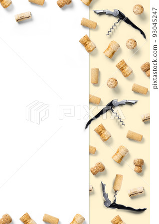 wine corks creative flat lay layout on a white backlit background. flatlay creative wine set with corks and corkscrew for design concept. 93045247