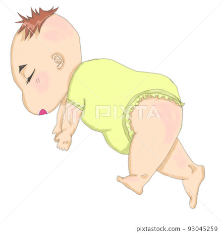Baby in yellow clothes sleeping sideways 93045259