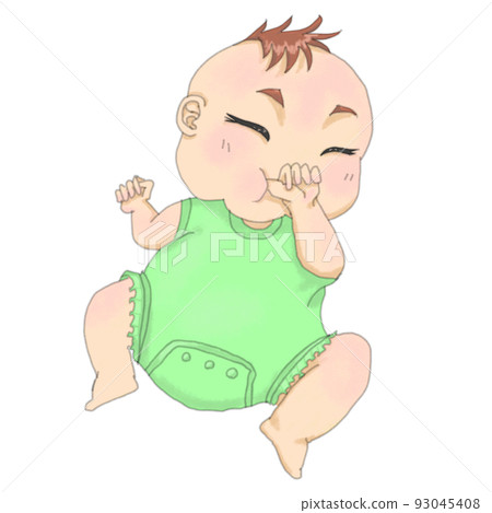 Baby in green clothes sleeping while sucking his thumb Baby in green clothes sleeping while sucking his thumb 93045408