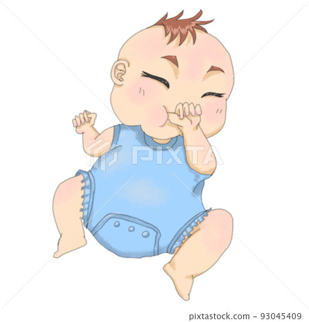 嬰兒穿著淺藍色衣服，一邊吮吸拇指一邊睡覺 93045409