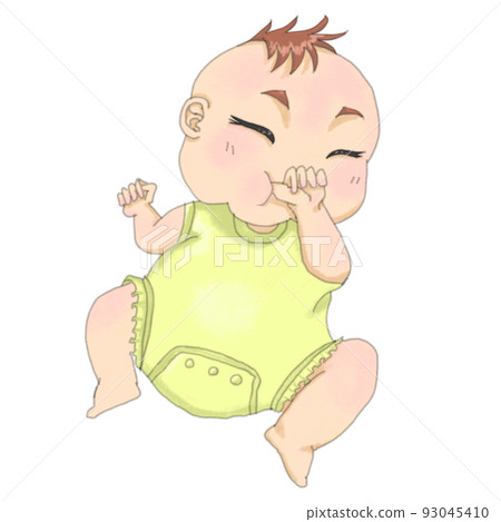 穿著黃色衣服的嬰兒一邊吮吸拇指一邊睡覺 93045410