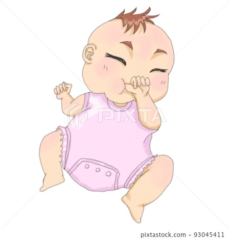 穿著粉紅色衣服的女嬰一邊吮吸手指一邊睡覺 93045411
