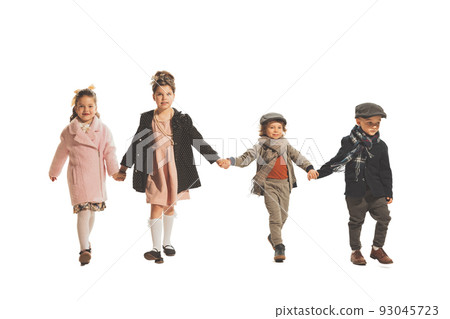 Happy school and preschool age children, girls and boys isolated on white studio background. Back to school, kids fashion, education concept. Happy school and preschool age children, girls and boys isolated on white studio background. Back to school, kids fashion, education concept. 93045723
