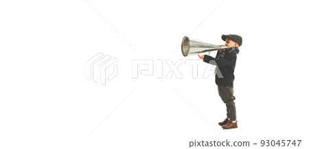 Charming little kid shouting through vintage megaphone. Communication concept. Retro style. Beauty, kids fashion, education, happy childhood Charming little kid shouting through vintage megaphone. Communication concept. Retro style. Beauty, kids fashion, education, happy childhood 93045747