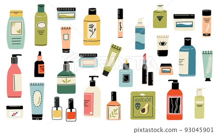 Beauty skincare products. Makeup cosmetic. Cleanser lotion lipstick jar. Vector skin care illustration 93045901