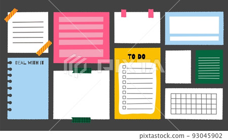 Paper note stickers. Memo notebook cartoon banners. Diary doodle creative list set. Vector elements. 93045902