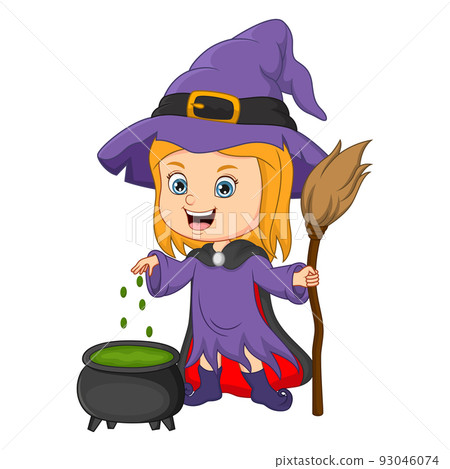 Cute little witch cooking a potion in cauldron Cute little witch cooking a potion in cauldron 93046074