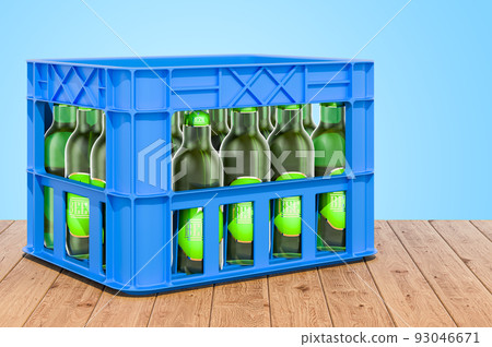 Crate with beer bottles on the wooden table, 3D rendering 93046671
