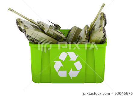 Recycling trashcan with battle tanks, 3D rendering Recycling trashcan with battle tanks, 3D rendering 93046676