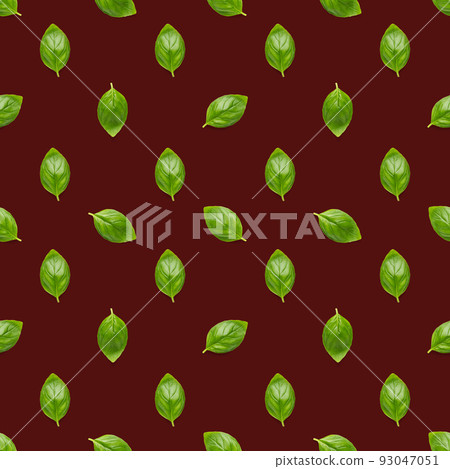 Italian Basil leaf herb seamless pattern on red background, Creative seamless pattern made from fresh green basil flat lay layout. Italian Basil leaf herb seamless pattern on red background, Creative seamless pattern made from fresh green basil flat lay layout. 93047051