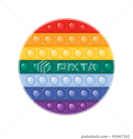 Trendy antistress pop it fidget toy in rainbow colors flat vector illustration. Circle shaped sensory plaything with push bubbles isolated on white background.  Modern toy for kids and adults. 93047161