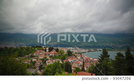 Panoramic aerial view to Ohrid lake and city from Samuels Fortress, North Macedonia 93047208