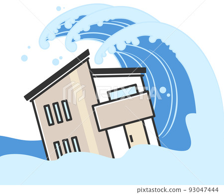Illustration of a house damaged by a tsunami 93047444