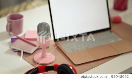 Home studio podcast, microphone, laptop and on air. 93048062