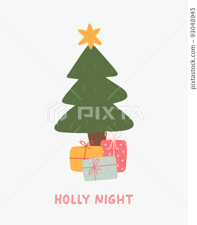 Christmas hand drawn card with xmas tree and gift boxes. Holly night poster. Happy Holidays greeting banner. Hand lettering. Cute winter design. Vector illustration 93048945
