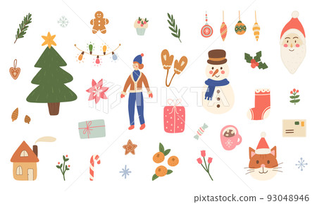 Merry Christmas hand drawn illustration set. Party decoration. Holiday ornament for greeting card, poster, tag. Cute winter design label. Xmas tree, santa, gift, snowflake. Vector illustration 93048946