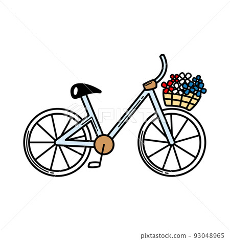 Cartoon bicycle with flowers basket. Black outlined vehicle isolated on white background. Decorative element. Cartoon bicycle with flowers basket. Black outlined vehicle isolated on white background. Decorative element. 93048965