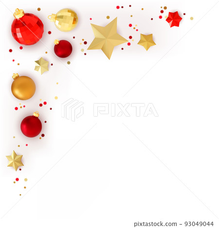 Festive xmas background with 3D realistic golden and red bauble balls and metal christmas stars. 93049044