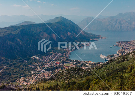 Kotor Bay - Montenegro - nature and architecture background. Kotor bay seen from above. Panoramic view on Kotor bay, Montenegro. Kotor in a beautiful summer day, Montenegro. 93049107