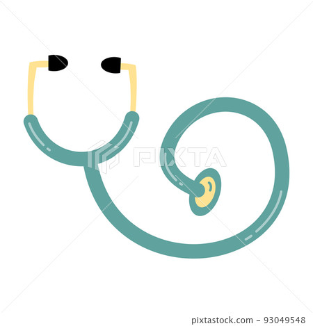 Hand drawn cartoon stethoscope flat vector illustration.  Medical device for listening to internal sounds of body.  Medicine and health care. Doodle icon, sticker. 93049548