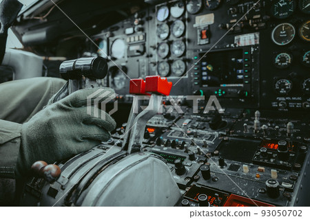 Selective focus inside classic cockpit when pilot operate airplane ,aircraft panel use analog flight instrument display Selective focus inside classic cockpit when pilot operate airplane ,aircraft panel use analog flight instrument display 93050702