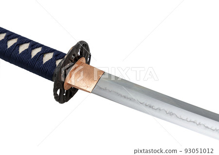 The habaki (collar) is made of polished copper. It is at the base of a Japanese sword blade with a wavy pattern on the sharp part. isolated on a white background. Selective focus. The habaki (collar) is made of polished copper. It is at the base of a Japanese sword blade with a wavy pattern on the sharp part. isolated on a white background. Selective focus. 93051012
