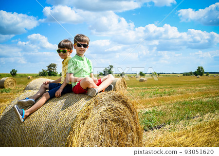Two little boy stand among round haystack. Field with round bale Two little boy stand among round haystack. Field with round bale 93051620