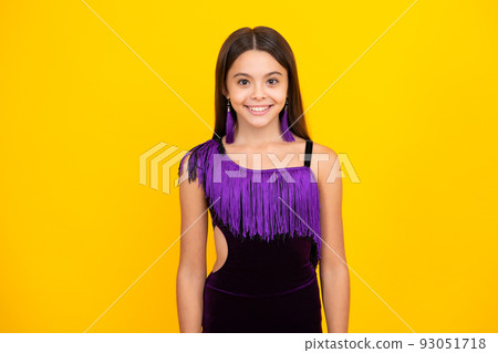 Headshot portrait of teenager child girl isolated on studio background. Childhood lifestyle concept. Mock up copy space. 93051718
