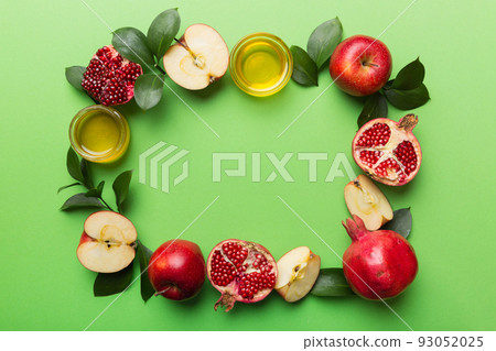 Rosh hashanah concept. Frame made of symbols jewish New Year holiday Traditional. Top view with copy space 93052025