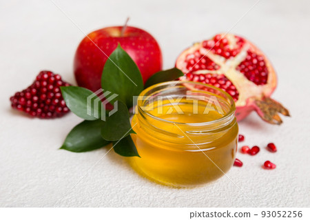 Flat lay composition with symbols jewish Rosh Hashanah holiday attributes on colored background, Rosh hashanah concept. New Year holiday Traditional. Top view with copy space 93052256