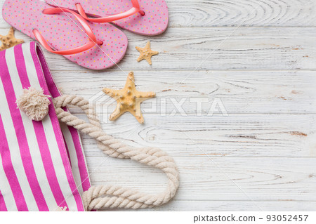 Summer vacation concept flat lay. beach accessories and towel top view. Space for text. travel concept 93052457