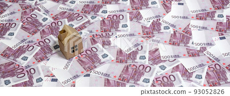 High Angle View Of A cardboard toy house On 500 Euro Notes. Money of euro for purchase of the private house. Mortgage concept High Angle View Of A cardboard toy house On 500 Euro Notes. Money of euro for purchase of the private house. Mortgage concept 93052826