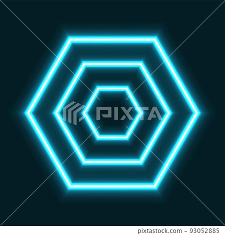 Three hexagons, turquoise colored and with neon glow effect, on a black background. Horizontal polygons, with six sides each and with a typical honeycomb shape. Illustration. 93052885
