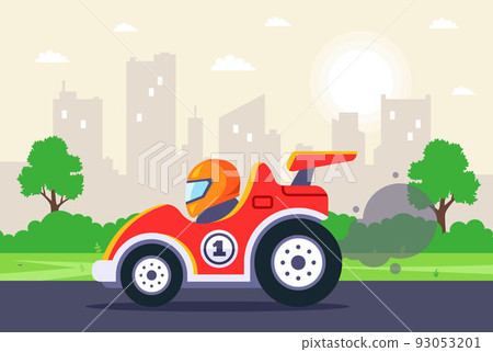 racing car rides on the track against the backdrop of the city. 93053201