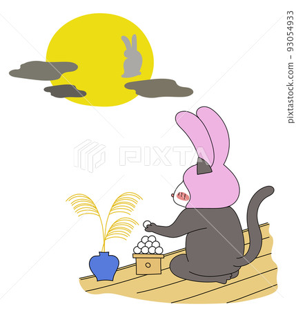 一隻像兔子一樣的貓在門廊上看月亮 93054933