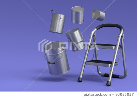 Set of metal cans or buckets of paint with folding ladder on violet background. Set of metal cans or buckets of paint with folding ladder on violet background. 93055037