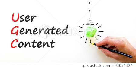 UGC user generated content symbol. Concept words UGC user generated content on a beautiful white background. Businessman hand. Business and UGC user generated content concept. Copy space. UGC user generated content symbol. Concept words UGC user generated content on a beautiful white background. Businessman hand. Business and UGC user generated content concept. Copy space. 93055124