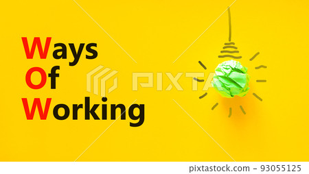 WOW ways of working symbol. Concept words WOW ways of working on a beautiful yellow background. Green light bulb icon. Business and WOW ways of working concept. Copy space. WOW ways of working symbol. Concept words WOW ways of working on a beautiful yellow background. Green light bulb icon. Business and WOW ways of working concept. Copy space. 93055125