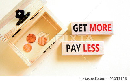 Get more pay less symbol. Concept words Get more pay less on wooden blocks on a beautiful white table white background. Wooden chest with coins. Business Get more pay less concept. Copy space. Get more pay less symbol. Concept words Get more pay less on wooden blocks on a beautiful white table white background. Wooden chest with coins. Business Get more pay less concept. Copy space. 93055128