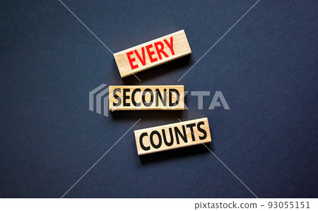 Every second counts symbol. Concept words Every second counts on wooden blocks on a beautiful black table black background. Business, motivational and every second counts concept. Copy space. 93055151