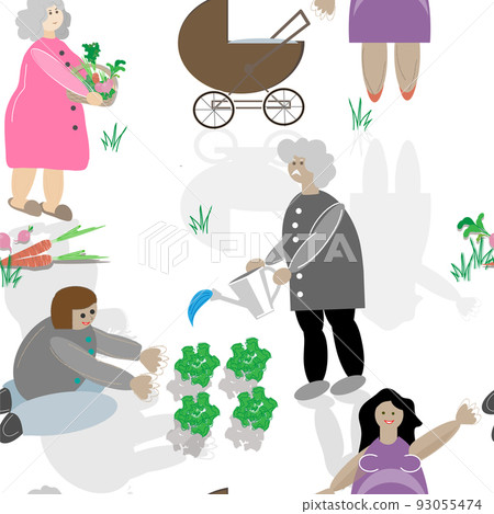 Set of people in situations: everyday scenes, people of different ages, different generations, proximity to nature, sustainability in everyday life. Seamless pattern for fabric or background.. Set of people in situations: everyday scenes, people of different ages, different generations, proximity to nature, sustainability in everyday life. Seamless pattern for fabric or background.. 93055474