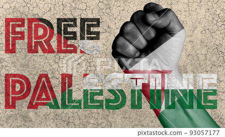 Free Palestine. A raised fist that, with the flag, calls for the freedom of the Palestinian people. Free Palestine. A raised fist that, with the flag, calls for the freedom of the Palestinian people. 93057177