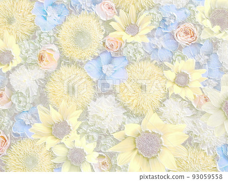 Arrangement of sunflowers, carnations and delphiniums. Relief like porcelain plate 93059558