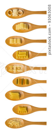 Wooden cooking spoons filled with various types dry pasta Wooden cooking spoons filled with various types dry pasta 93063008